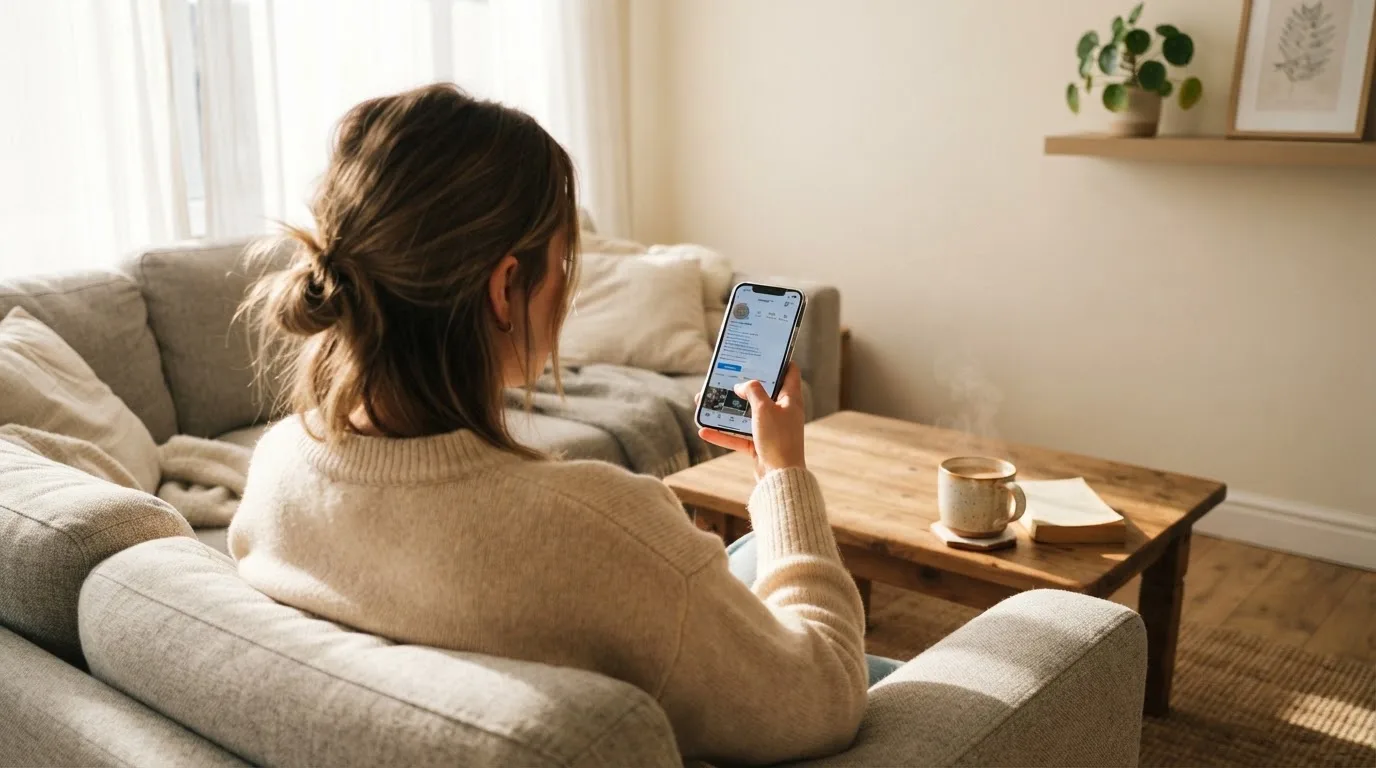 Iemand bekijkt ontspannen een smartphone op de bank met een kopje koffie op de tafel.