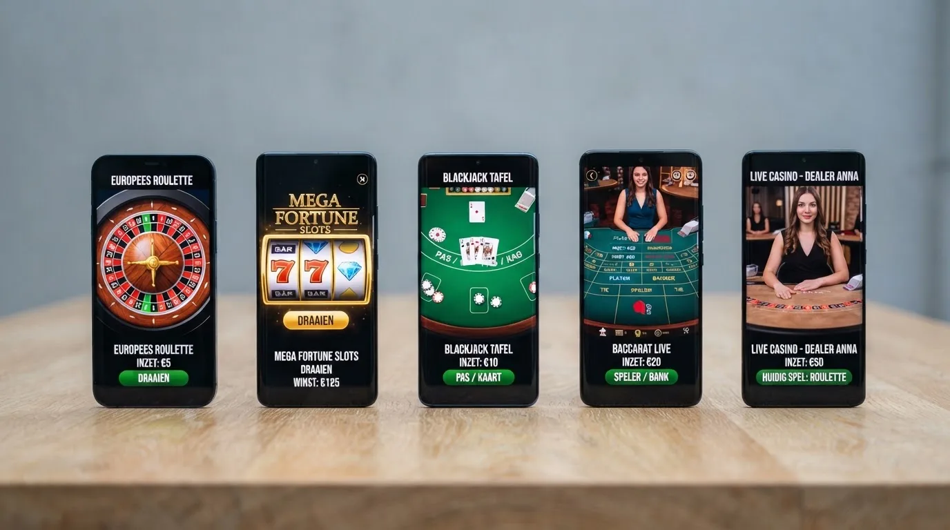 Een rij smartphones naast elkaar op een tafel, elk met een ander scherm verlicht.